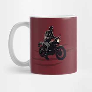 A man rides a vintage motorcycle Mug